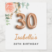 30e verjaardag bloem roos goud eucalyptusmonogram wijn etiket (Enkel label)