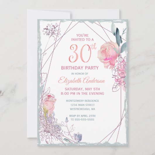 30e Verjaardag Bloemen Blush Roos Waterverf Party Kaart (Voorkant)