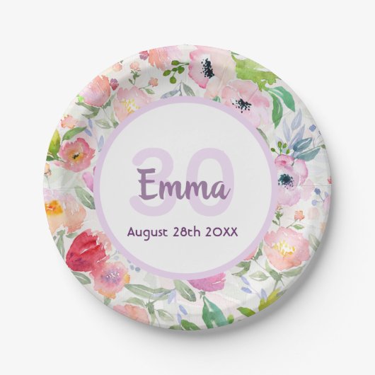 30e verjaardag bloemen roze witte naam papieren bordje (Voorkant)