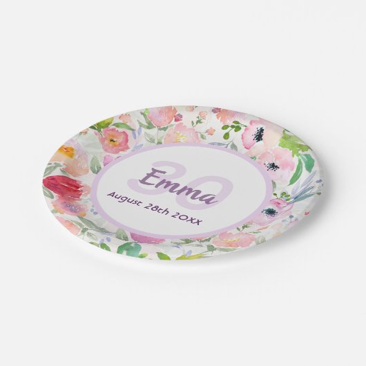 30e verjaardag bloemen roze witte naam papieren bordje (Gekanteld)