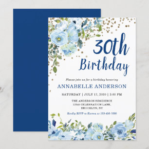 30e verjaardag Blue Floral Waterverf Gold Confetti Kaart