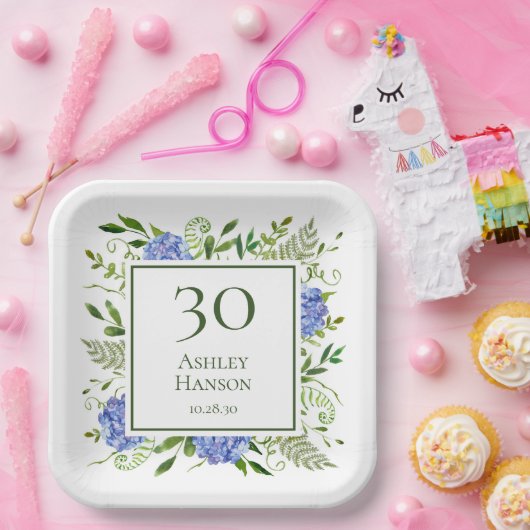 30e verjaardag Blue Hydrangeas Papieren Bordje (Feest)