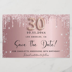 30e verjaardag blush glitter save the date kaart