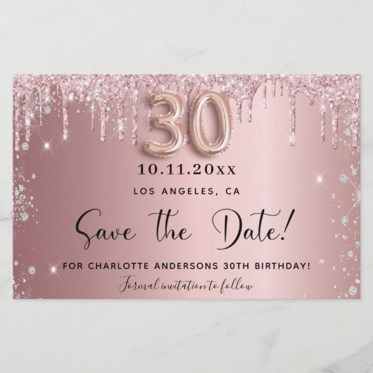 30e verjaardag blush glitter save the date kaart (Voorkant)