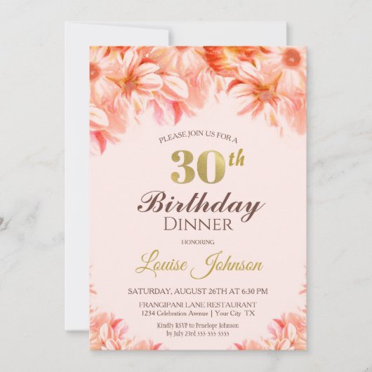 30e verjaardag Blush Pink Gold Floral Dinner Party Kaart (Voorkant)