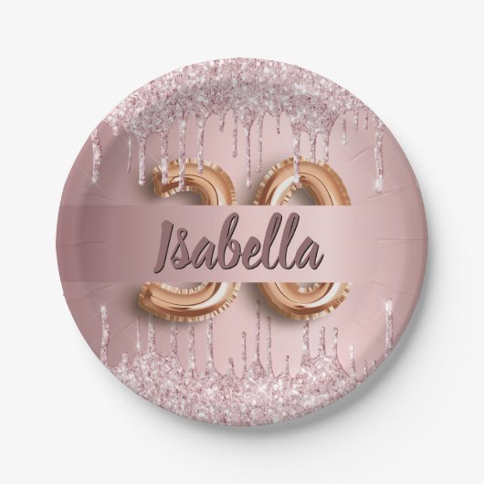 30e verjaardag blush roze glitter naam papieren bordje (Voorkant)