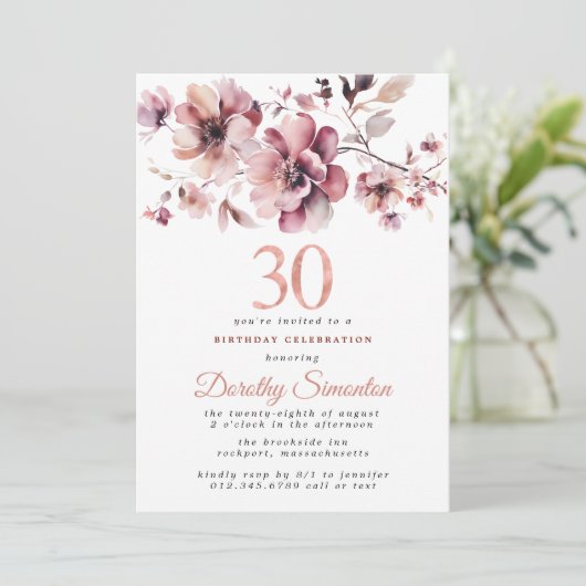 30e verjaardag Bourgogne Dusty Blush Roze Bloemen Kaart (Staand voorkant)