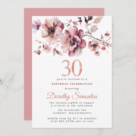 30e verjaardag Bourgogne Dusty Blush Roze Bloemen Kaart (Voorkant / Achterkant)