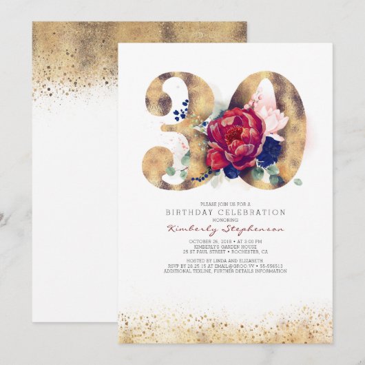 30e verjaardag Bourgogne Rood en Navy Blauw Kaart (Voorkant / Achterkant)