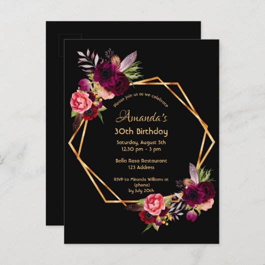30e verjaardag Bourgogne zwarte uitnodiging (Voorkant / Achterkant)