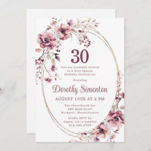 30e verjaardag Bourgondië Blush Roze Wildflower Kaart (Voorkant / Achterkant)