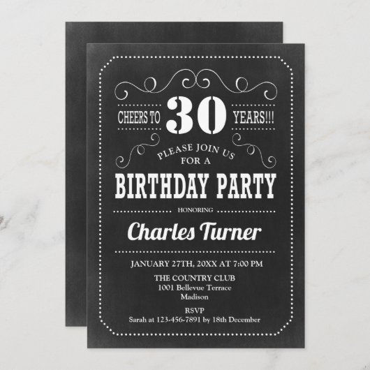 30e verjaardag - Chalkboard Black White Kaart (Voorkant / Achterkant)