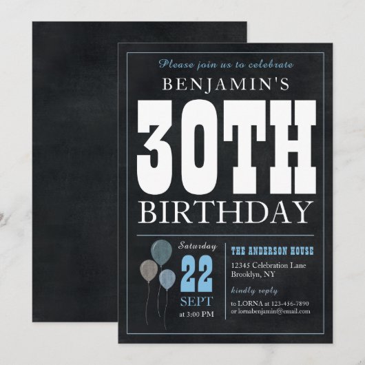 30e verjaardag Chalkboard Blue Balloon Roche Kaart (Voorkant / Achterkant)