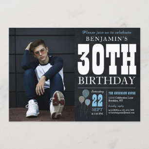 30e verjaardag Chalkboard Blue Balloon Rustic foto Kaart