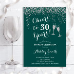 30e verjaardag - Cheers tot 30 jaar Green Silver Kaart<br><div class="desc">30e uitnodiging van de verjaardag. Lekker tot 30 jaar! Elegant ontwerp in smaragdgroen,  wit en zilver. Met champagnebril,  scriptlettertype en glitter Silver confetti. Ideaal voor een stijlvolle dertigste verjaardagsfeestje. Pas je eigen gegevens aan. Kan op elke leeftijd aan show worden aangepast.</div>