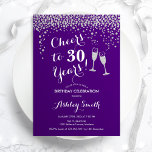 30e verjaardag - Cheers tot 30 jaar Paarse zilver Kaart<br><div class="desc">30e uitnodiging van de verjaardag. Lekker tot 30 jaar! Elegant ontwerp in paars,  wit en zilver. Met champagnebril,  scriptlettertype en glitter Silver confetti. Ideaal voor een stijlvolle dertigste verjaardagsfeestje. Pas je eigen gegevens aan. Kan op elke leeftijd aan show worden aangepast.</div>