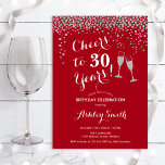 30e verjaardag - Cheers tot 30 jaar Red Silver Kaart<br><div class="desc">30e uitnodiging van de verjaardag. Lekker tot 30 jaar! Elegant ontwerp in rood,  wit en zilver. Met champagnebril,  scriptlettertype en glitter Silver confetti. Ideaal voor een stijlvolle dertigste verjaardagsfeestje. Pas je eigen gegevens aan. Kan op elke leeftijd aan show worden aangepast.</div>