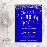 30e verjaardag - Cheers tot 30 jaar Royal Blue Kaart<br><div class="desc">30e uitnodiging van de verjaardag. Lekker tot 30 jaar! Elegant ontwerp in koningsblauw,  wit en zilver. Met champagnebril,  scriptlettertype en glitter Silver confetti. Ideaal voor een stijlvolle dertigste verjaardagsfeestje. Pas je eigen gegevens aan. Kan op elke leeftijd aan show worden aangepast.</div>