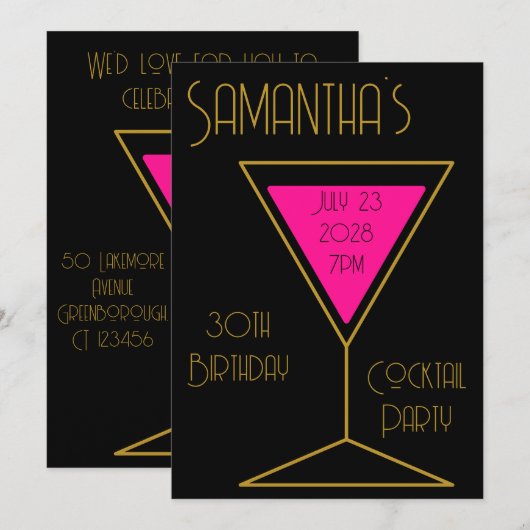 30e verjaardag Cocktail Party Zwart Goud Verjaarda Kaart (Voorkant / Achterkant)