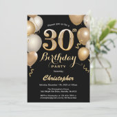30e verjaardag Confetti zwarte en gouden ballonnen Kaart (Staand voorkant)