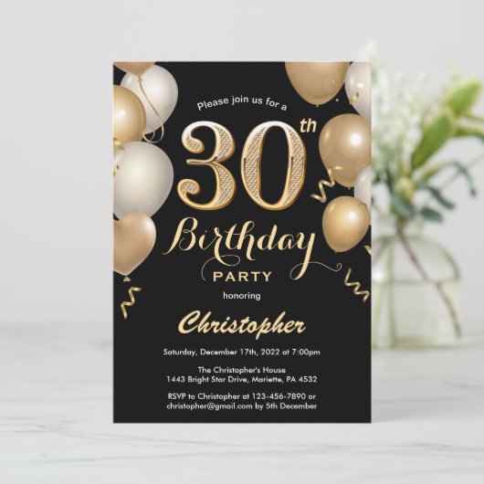 30e verjaardag Confetti zwarte en gouden ballonnen Kaart (Staand voorkant)