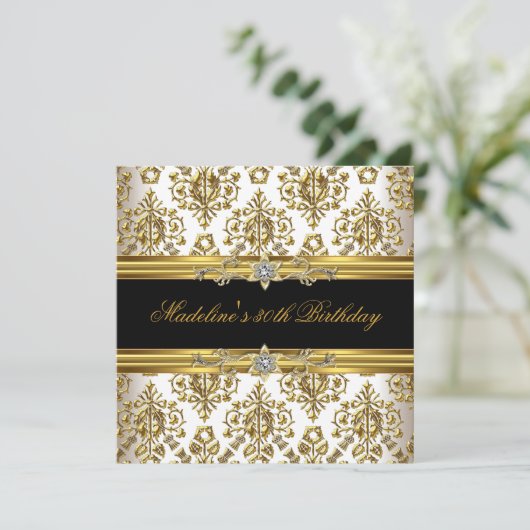 30e verjaardag Damask Gold Floral Black crème jewe Kaart (Staand voorkant)