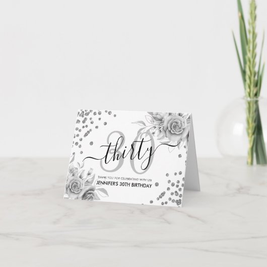 30e verjaardag dank u zilveren bloemige glitter bedankkaart (Voorkant)