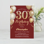 30e verjaardag Dark Red en Gold Balloons Confetti Kaart (Staand voorkant)