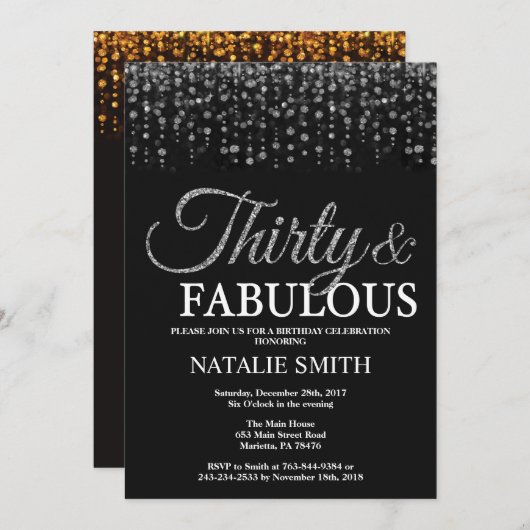 30e verjaardag Dertig en Fabulous Silver Glitter Kaart (Voorkant / Achterkant)
