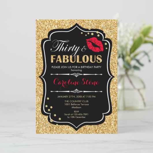 30e verjaardag - Dertig Fabulous Goud Zwart Rood Kaart (Staand voorkant)