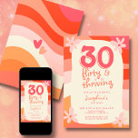 30e verjaardag Dertig Flirty & Thriving Retro Pink Kaart<br><div class="desc">Maak een gewaagde verklaring met je 30ste verjaardag met dertig, flirterige, & bloeiende retro verjaardagsfeestuitnodigingen! Deze uitnodigingen zijn ontworpen om de essentie van boho charme en retro nostalgie vast te leggen, waardoor ze de perfecte keuze zijn voor uw mijlpaalviering. Met hun unieke mix van levendige kleuren, ingewikkelde details en een...</div>