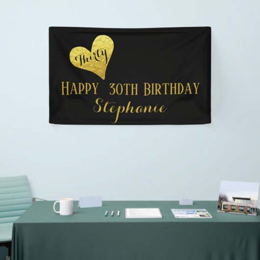 30e verjaardag Dertig zwarte en Faux Gold Heart Spandoek (Beurs)