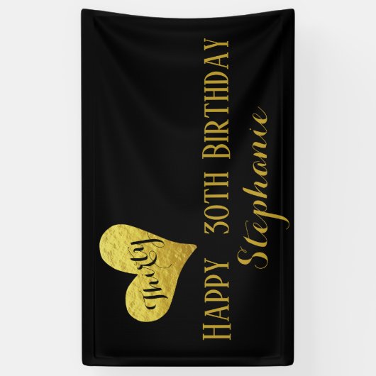 30e verjaardag Dertig zwarte en Faux Gold Heart Spandoek (Verticaal)