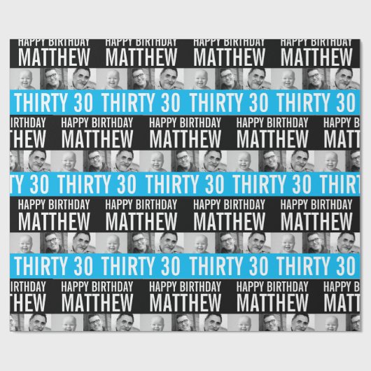 30e verjaardag drie foto's zwart hemelsblauw gestr cadeaupapier (Vlak)