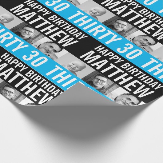 30e verjaardag drie foto's zwart hemelsblauw gestr cadeaupapier (Hoek)