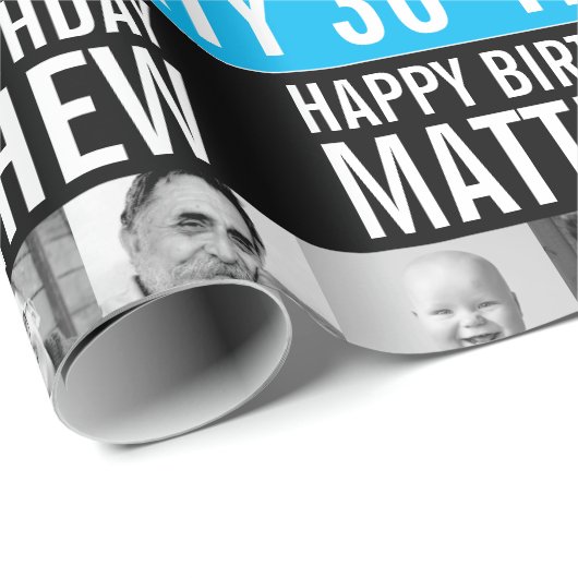 30e verjaardag drie foto's zwart hemelsblauw gestr cadeaupapier (Rol Hoek)