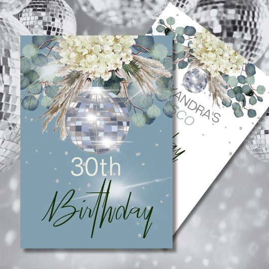 30e verjaardag Dusty Blue Floral Disco Ball Kaart