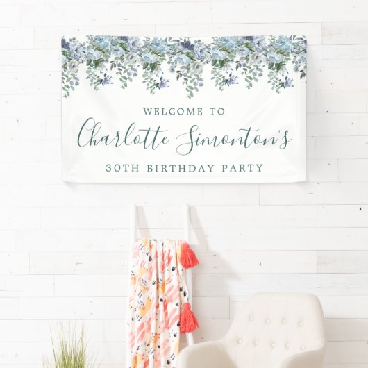 30e verjaardag Dusty Blue Floral Welkom Spandoek (Insitu)