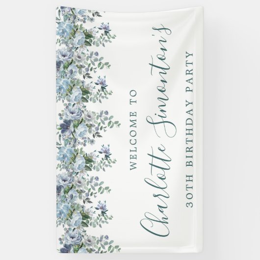 30e verjaardag Dusty Blue Floral Welkom Spandoek (Verticaal)
