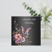 30e verjaardag Elegant Floral Butterfly Black Kaart (Staand voorkant)