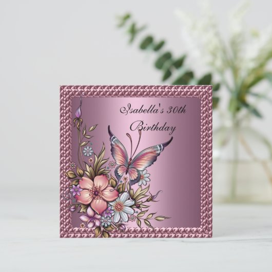 30e verjaardag Elegant Floral Butterfly roze Kaart (Staand voorkant)
