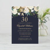 30e verjaardag Elegant Navy Gold Floral Invitation Kaart (Staand voorkant)
