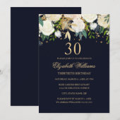 30e verjaardag Elegant Navy Gold Floral Invitation Kaart (Voorkant / Achterkant)
