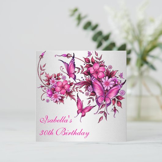 30e verjaardag Elegant Pink Floral Butterfly White Kaart (Staand voorkant)