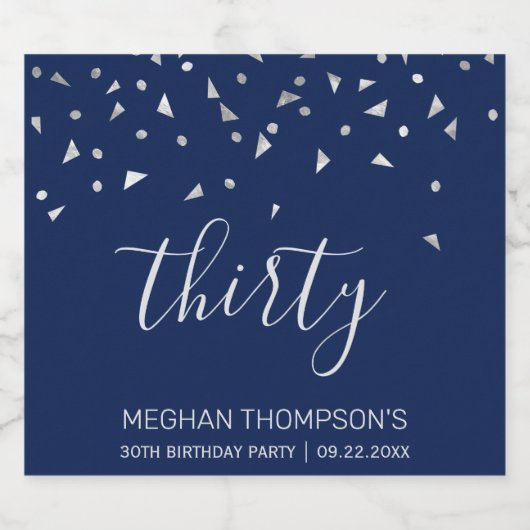 30e Verjaardag Elegante Navy Blue Silver Confetti Sparkling Wijnetiket (Enkel label)