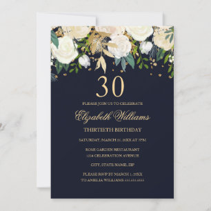 30e verjaardag Elegante Navy Gouden Bloemen Uitnod Kaart