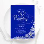 30e verjaardag Elegante Royal Blue Silver Rozen Kaart<br><div class="desc">Eenvoudige elegante 30e verjaardag uitnodiging in koninklijk blauw en zilver. Klassiek ontwerp met rozen,  faux silver folie en typografie script lettertype. Trendy uitnodigingskaart ideaal voor een stijlvol vrouw bday-feest. Personaliseer met uw eigen gegevens. Kan worden aangepast aan elke leeftijd. Gedrukte Zazzle-uitnodigingen of direct downloadbare digitale afdrukbare sjabloon.</div>