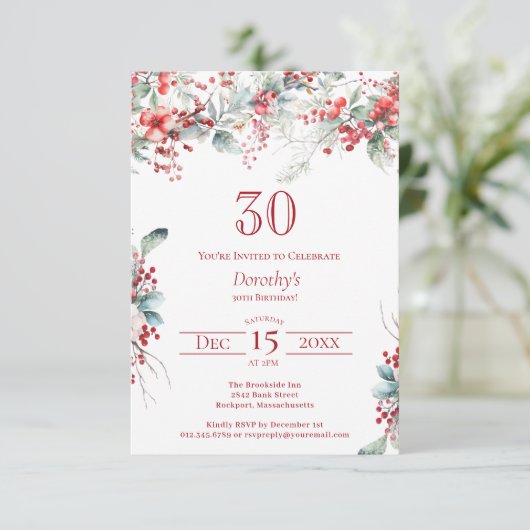 30e verjaardag Elegante Winter Berry Botanical Kaart (Staand voorkant)