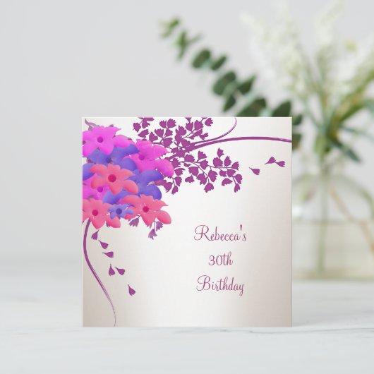 30e verjaardag Elegante witte roze paarse bloemen Kaart (Staand voorkant)