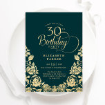 30e Verjaardag Emerald Green Gold Rozen Kaart<br><div class="desc">Emerald groen goud elegante 30e verjaardag uitnodiging. Klassiek ontwerp met rozen,  faux gouden folie en typografie script lettertype. Trendy uitnodigingskaart ideaal voor een stijlvol vrouw bday-feest. Personaliseer met uw eigen gegevens. Kan worden aangepast aan elke leeftijd. Gedrukte Zazzle-uitnodigingen of direct downloadbare digitale afdrukbare sjabloon.</div>